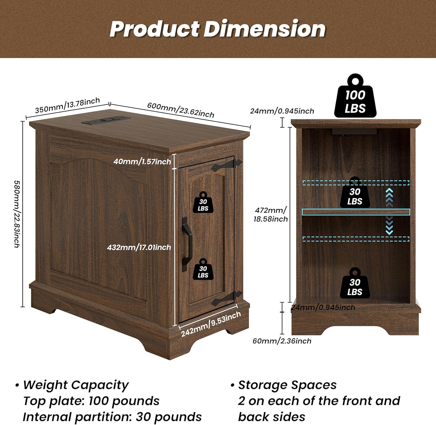 End Tables Set of 2 with Charging Station,Narrow Side Table with Storage for Sofa Couch or Bed Side, Farmhouse Nightstand with Wood Door for Bedroom Living Room(Walnut)