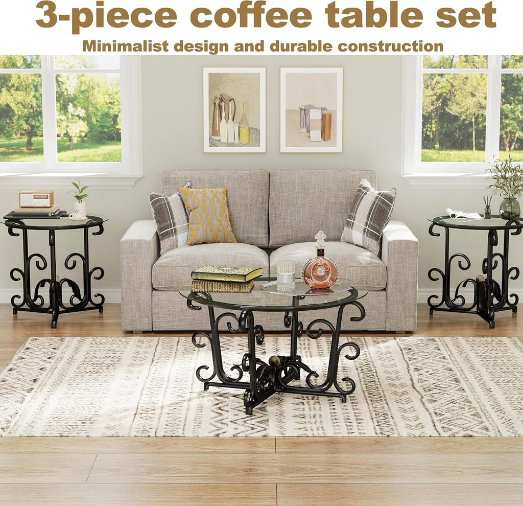 EQEY Glass Coffee Table Set of 3 — 31.5" Round Nesting Coffee Table with 2 End Tables, Tempered Glass Top & Wrought Iron Scroll Frame for Living Room, Apartment, Patio, Sunroom