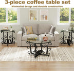 EQEY Glass Coffee Table Set of 3 — 31.5" Round Nesting Coffee Table with 2 End Tables, Tempered Glass Top & Wrought Iron Scroll Frame for Living Room, Apartment, Patio, Sunroom
