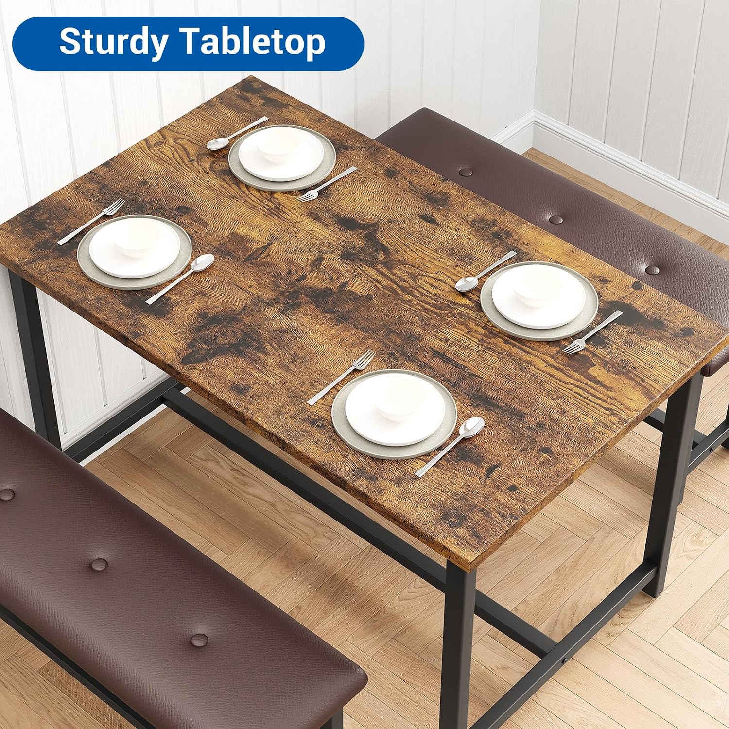 GarveeHome Dining Table Set for 4, Kitchen Table with 2 Upholstered Benches, Wood Kitchen Dining Room Set, for Small Space, Apartment, Home, Dinner, Retro Brown