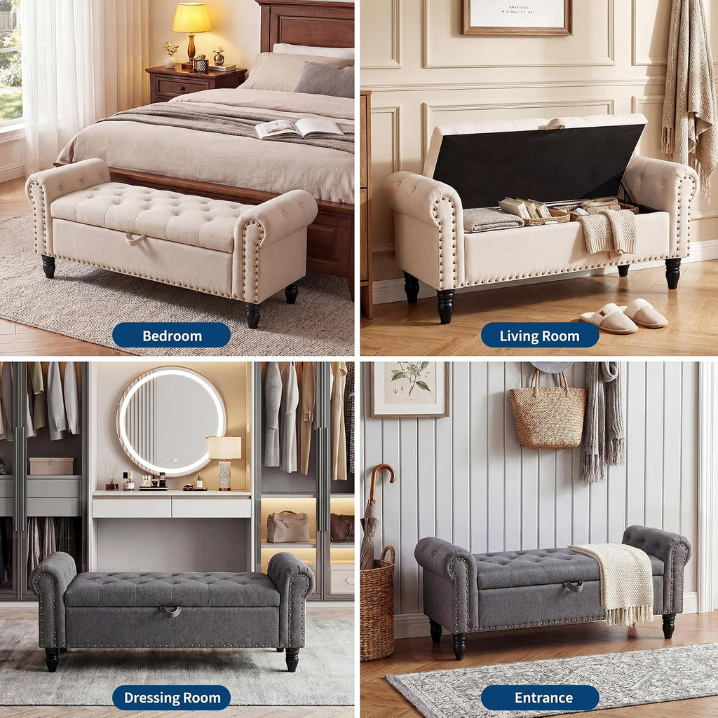 51in Bedroom Storage Bench for End of Bed, Upholstered Ottoman Bench with Button Tufted Design and Rolled Arms, Anti Cotton and Linen Entryway Bench with Safety Hinge for Living Room, Closet, Beige