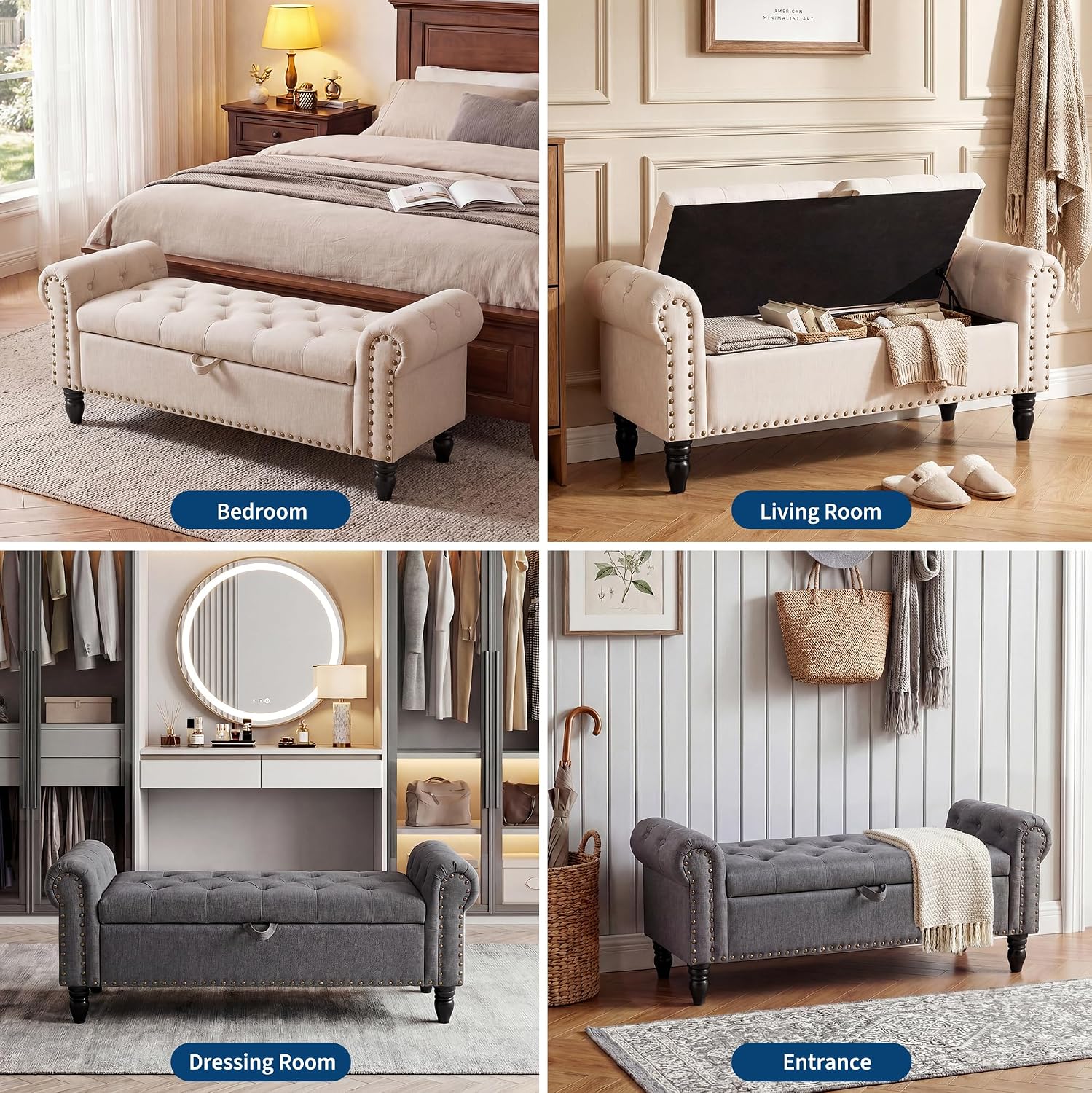51in Bedroom Storage Bench for End of Bed, Upholstered Ottoman Bench with Button Tufted Design and Rolled Arms, Anti Cotton and Linen Entryway Bench with Safety Hinge for Living Room, Closet, Beige