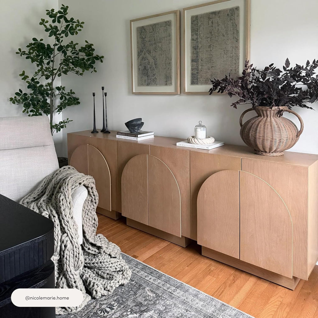 Nathan James Iris Mid-Century Modern Credenza, Brown TV Stand, Living Room Wood Storage Cabinet with Arched Cabinet Doors, Raw Oak, Set of 3