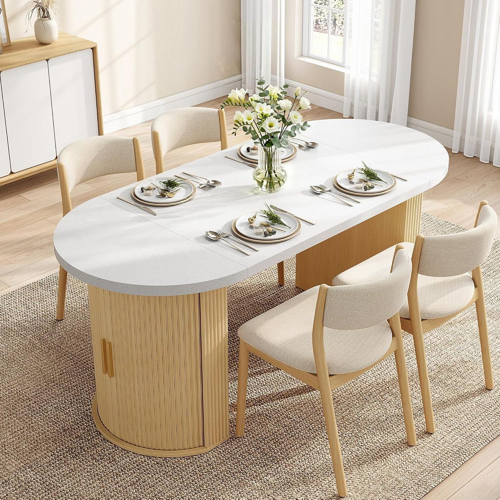 IRONCK 71" Oval Dining Table with Hidden Storage, Oak | Faux quartz-pattern laminate top, dual-sided cabinets, fluted engineered-wood base, and 397 lb capacity.