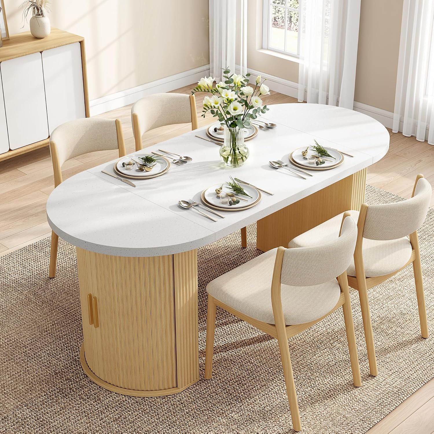 IRONCK 71" Oval Dining Table with Hidden Storage, Oak | Faux quartz-pattern laminate top, dual-sided cabinets, fluted engineered-wood base, and 397 lb capacity.