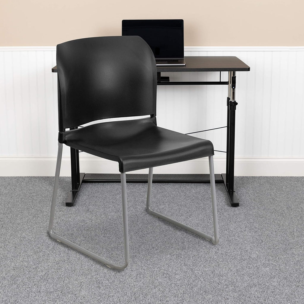 EMMA + OLIVER Home and Office Guest Chair Black Full Back Contoured Sled Base Stack Chair