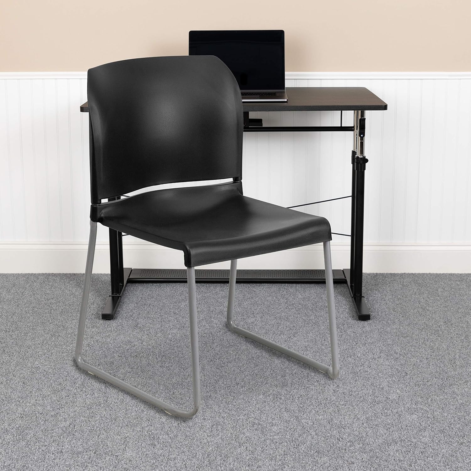 EMMA + OLIVER Home and Office Guest Chair Black Full Back Contoured Sled Base Stack Chair