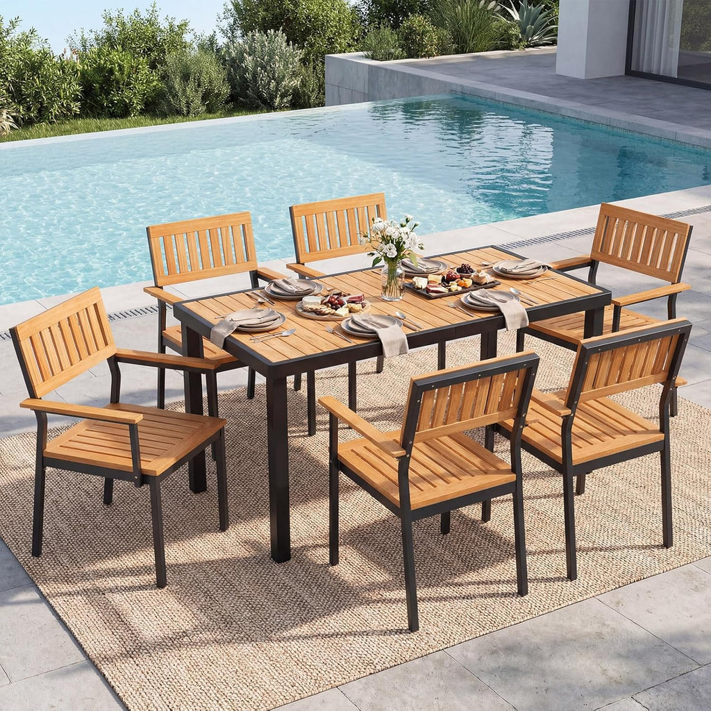Tangkula 58" Rectangular Patio Dining Table for 6, Acacia Wood Outdoor Table with Slatted Top, 1.97" Umbrella Hole and Heavy Duty Metal Frame, Outside Table for Porch, Garden, Yard, Deck and Poolside