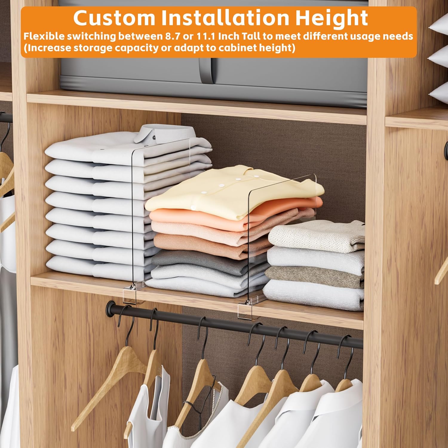 Yieach Adjustable Height Clear Shelf Dividers,6 Pack Acrylic Closet Shelf Dividers for Organization,11.1 Inch Tall Vertical Plastic Shelf Separators for Towel,Sweater,Towel Organizers and Bookshelf