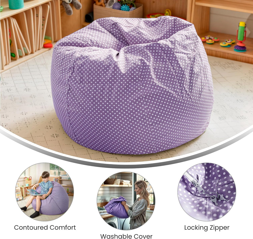 Flash Furniture Dillon Small Bean Bag Chair for Kids and Teens, Foam-Filled Beanbag Chair with Machine Washable Cover, Lavender Polka Dot | Refillable, Durable Cover, Indoor Use, All Ages