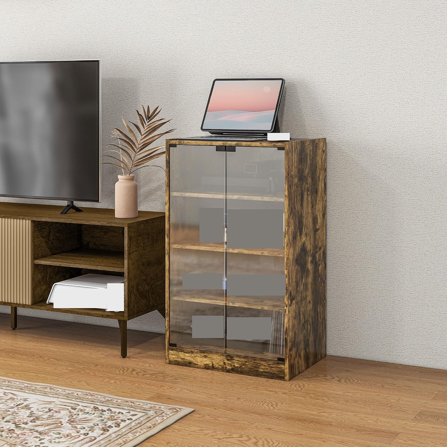 Retro Media Cabinet with 4-Tier Stereo, Modern Audio Video Media Stand with Adjustable Shelves,for Kitchen Home
