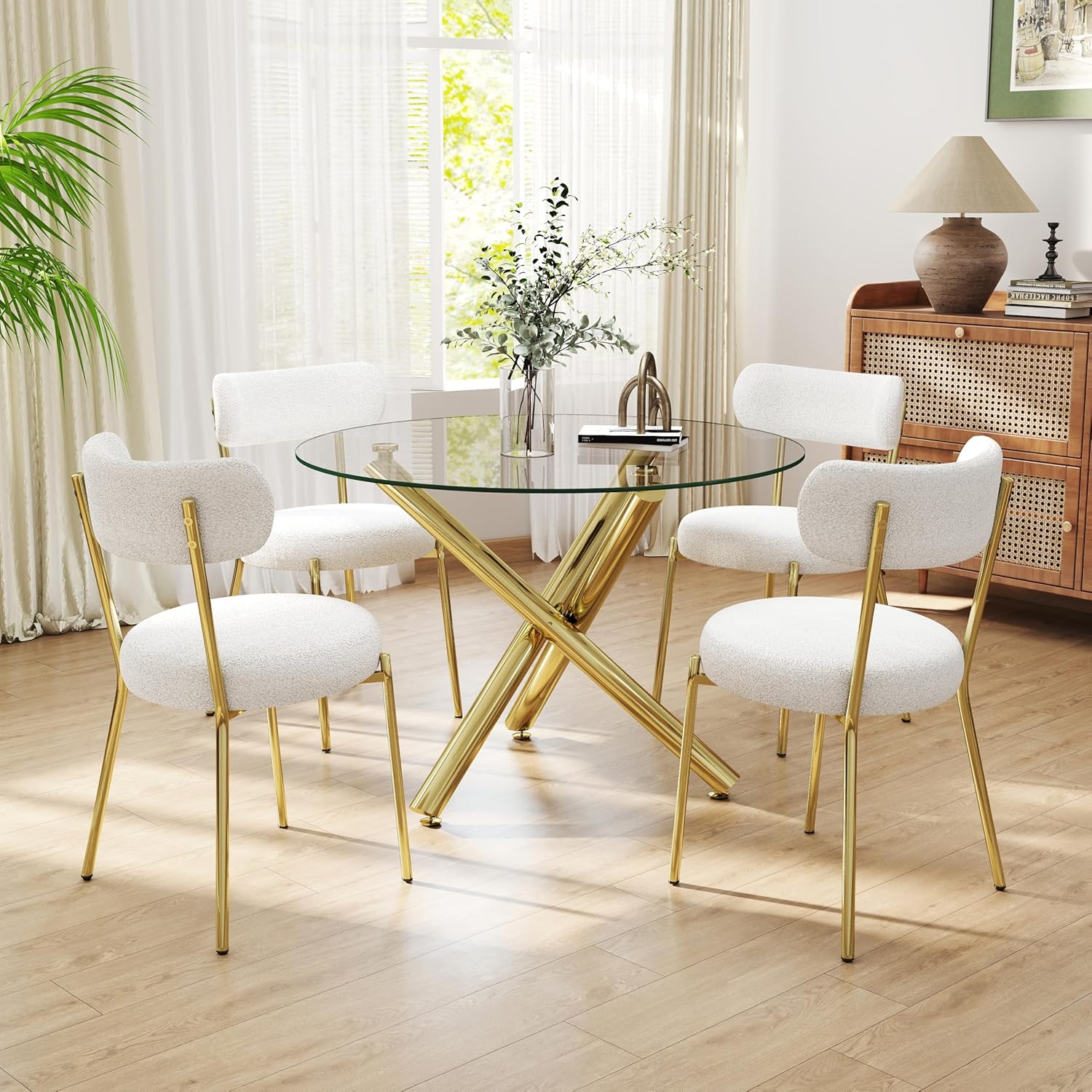 Gold Round Glass Dining Table Set for 4, 36'' Small Modern Kitchen Table Set with 4 White Gold Boucle Upholstered Dining Chairs, 5 Piece Luxury Dining Room Set, Easy Assemble