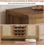 Rattan Wine Bar Cabinet, Boho Rattan Home Bar with Glass Holder and Drawer Style Racks, Oak Sideboard Buffet Storage Cabinet for Living Dining Room Kitchen (Caramel Oak)