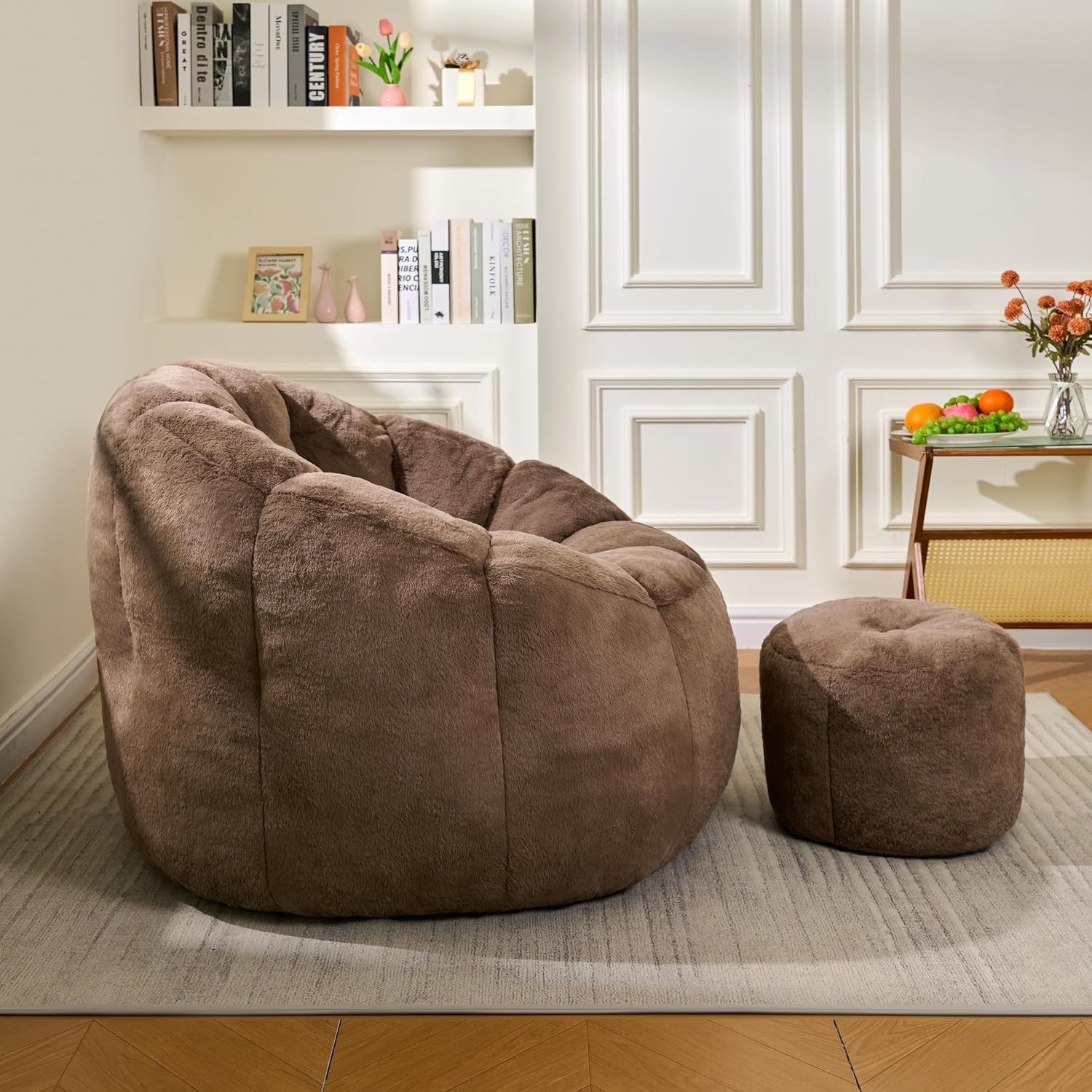 Bean Bag Chair, Bean Bag Chair with Ottoman, Stuffed Bean Bag Chairs with Filler, Big Beanbag Chairs with Filling for Living Room (Faux Fur in Brown, 40.6" D×41.4" W×27.6" H)