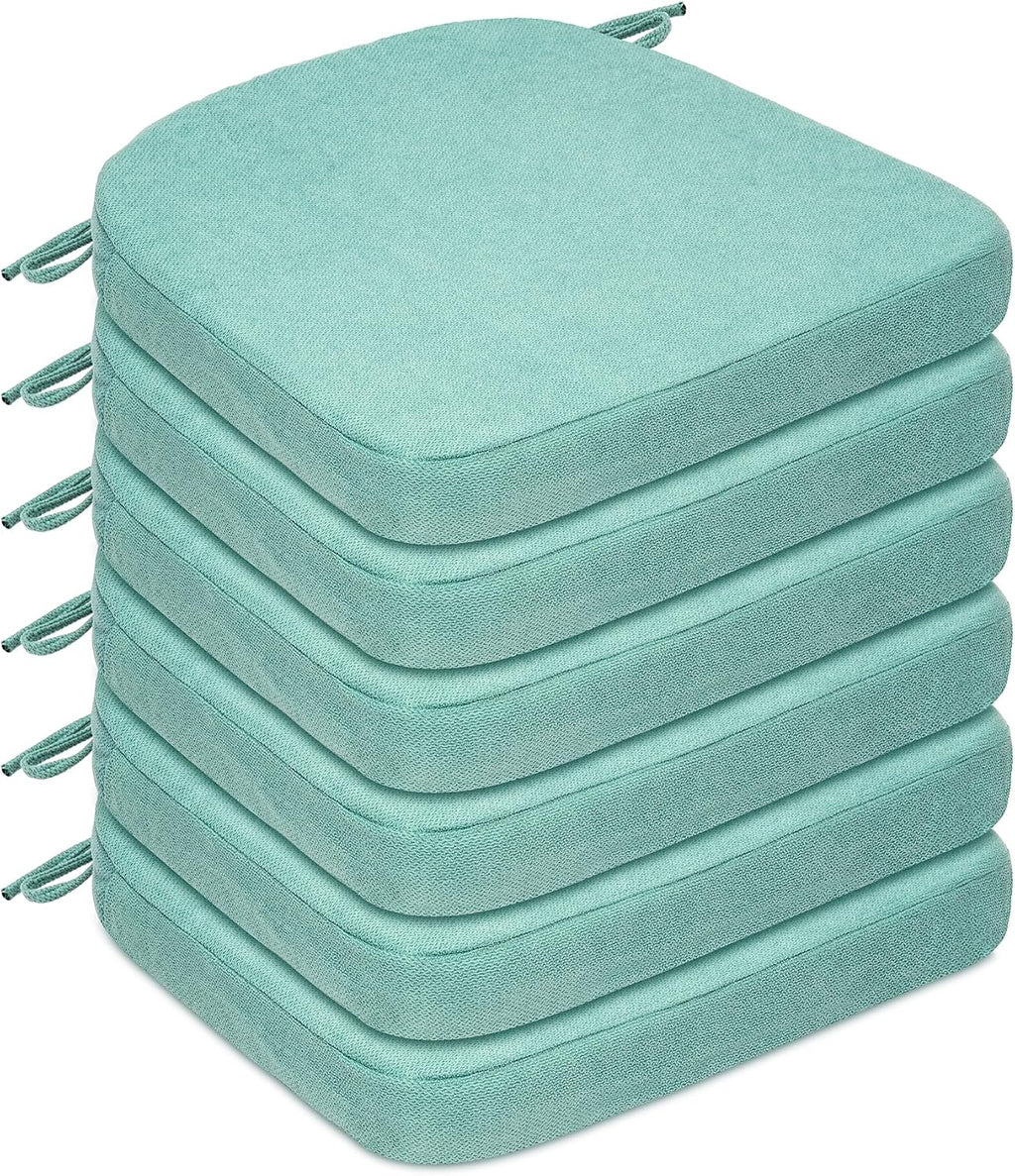 Chair Cushions for Dining Chairs, D-Shaped Non-Slip Seat Cushions with Removable Washable Covers & Ties, Chair Pads for Kitchen, Indoor Patio 17" x 16" (Aqua Blue, 6 Count) High-Resilience Foam