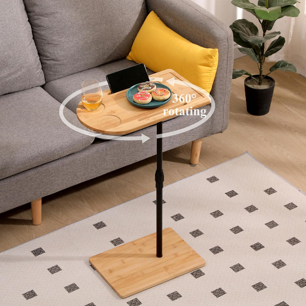 C-Shaped Oval Couch Tray Table， 360°Swivel Wider TV Tray Table Sofa Bamboo Height Adjustable Side Table with Slots for Bed & Chairs in Living Room Bedroom (Oval)