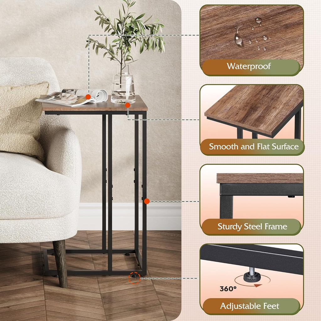 WLIVE C Shaped End Table, Small Side Tables for Sofa and Bed, Couch Table That Slides Under for Living Room, Bedroom, Home Office, Small Spaces