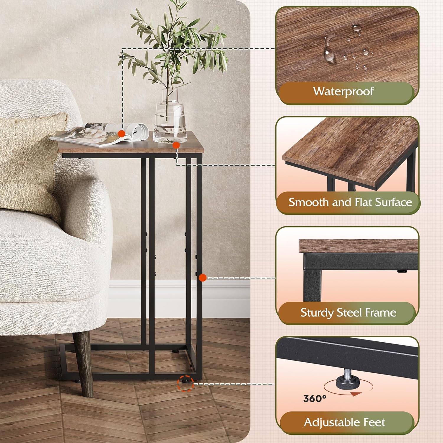 WLIVE C Shaped End Table, Small Side Tables for Sofa and Bed, Couch Table That Slides Under for Living Room, Bedroom, Home Office, Small Spaces