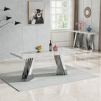 70" Faux Marble White Dining Table for 6, Modern Dining Room Table with 0.71" Marble Printing MDF Top and Flash-Shaped Silver Stainless Steel Base,Rectangular Large Kitchen Dinner Table