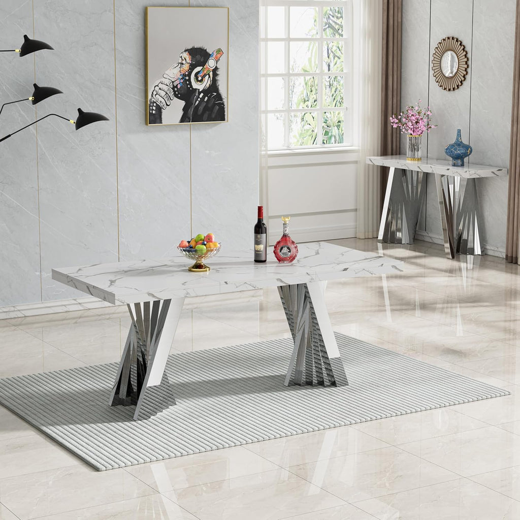 70" Faux Marble White Silver Dining Table for 6, Modern Dining Room Table with 0.71" Marble Printing MDF Top and Flash-Shaped Stainless Steel Base,Rectangular Large Kitchen Dinner Table