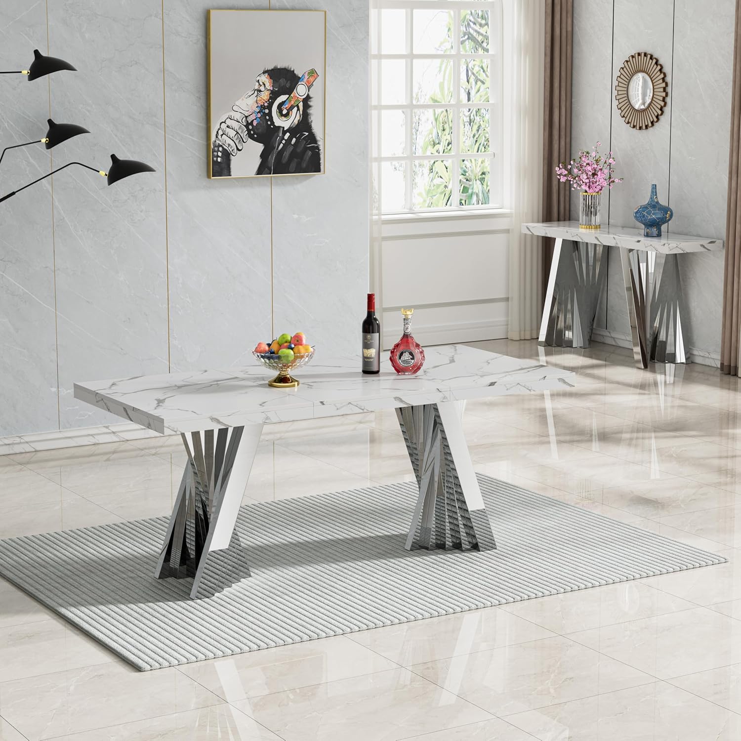 70" Faux Marble White Silver Dining Table for 6, Modern Dining Room Table with 0.71" Marble Printing MDF Top and Flash-Shaped Stainless Steel Base,Rectangular Large Kitchen Dinner Table