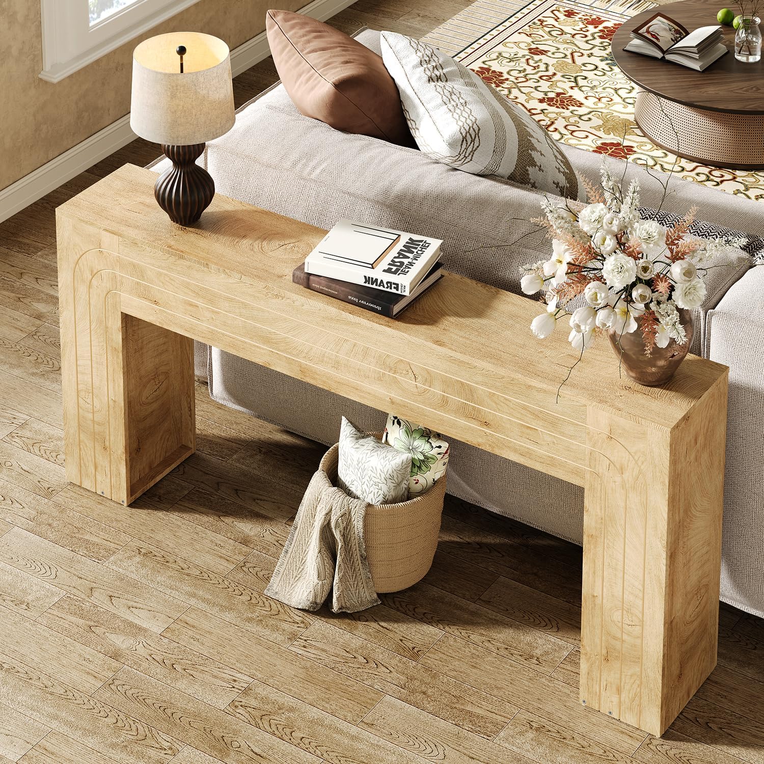 knoworld 70.9-Inch Long Console Table, Farmhouse Entryway Table with Handcrafted Line Detailing, Wood Narrow Sofa Table for Living Room, Hallway, Foyer, and Behind Couch