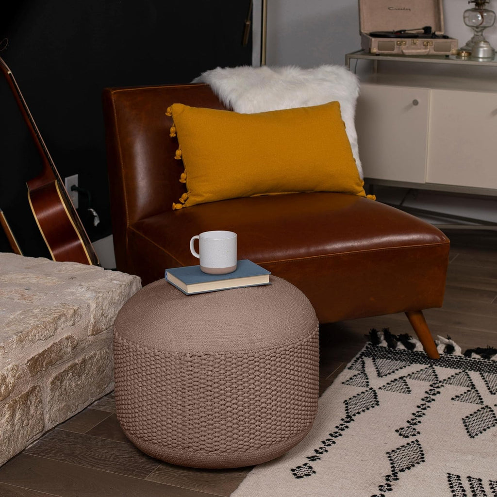 BIRDROCK HOME Outdoor Pouf Ottoman | Hand Woven Waterproof Foot Stool with Bead Bag Filling | Boho Foot Rest for Patio, Living Room, Porch & Outdoor Seating | Lightweight, Soft Stuffed Chair | Brown