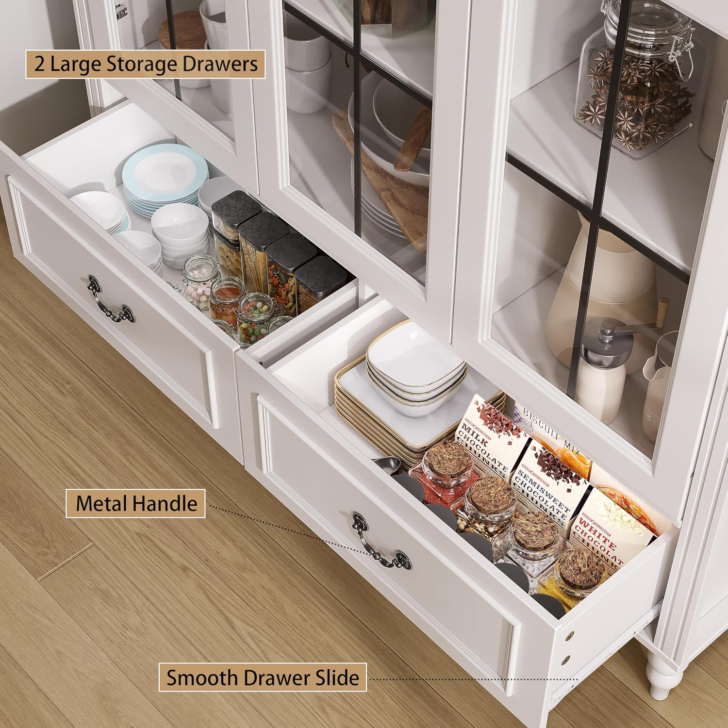 70.8'' Tall Arched Kitchen Pantry Cabinet, Large Farmhouse Storage Cabinet with Glass Doors, Display Case, Wood Bookshelf with 2 Drawers & Adjustable Shelves, Kitchen Pantry for Living Room, White