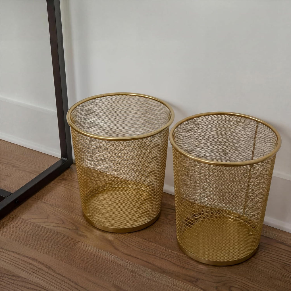 Martha Stewart Ryder Set of 2 Gold Mesh Metal Trash Cans, 4.5 Gallon Wastebaskets for Office