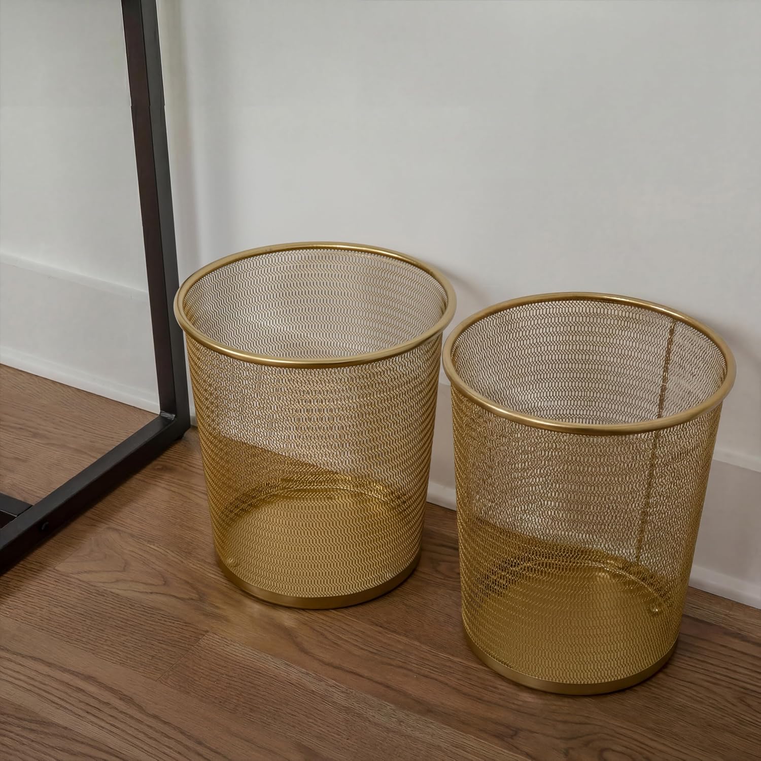 Martha Stewart Ryder Set of 2 Gold Mesh Metal Trash Cans, 4.5 Gallon Wastebaskets for Office