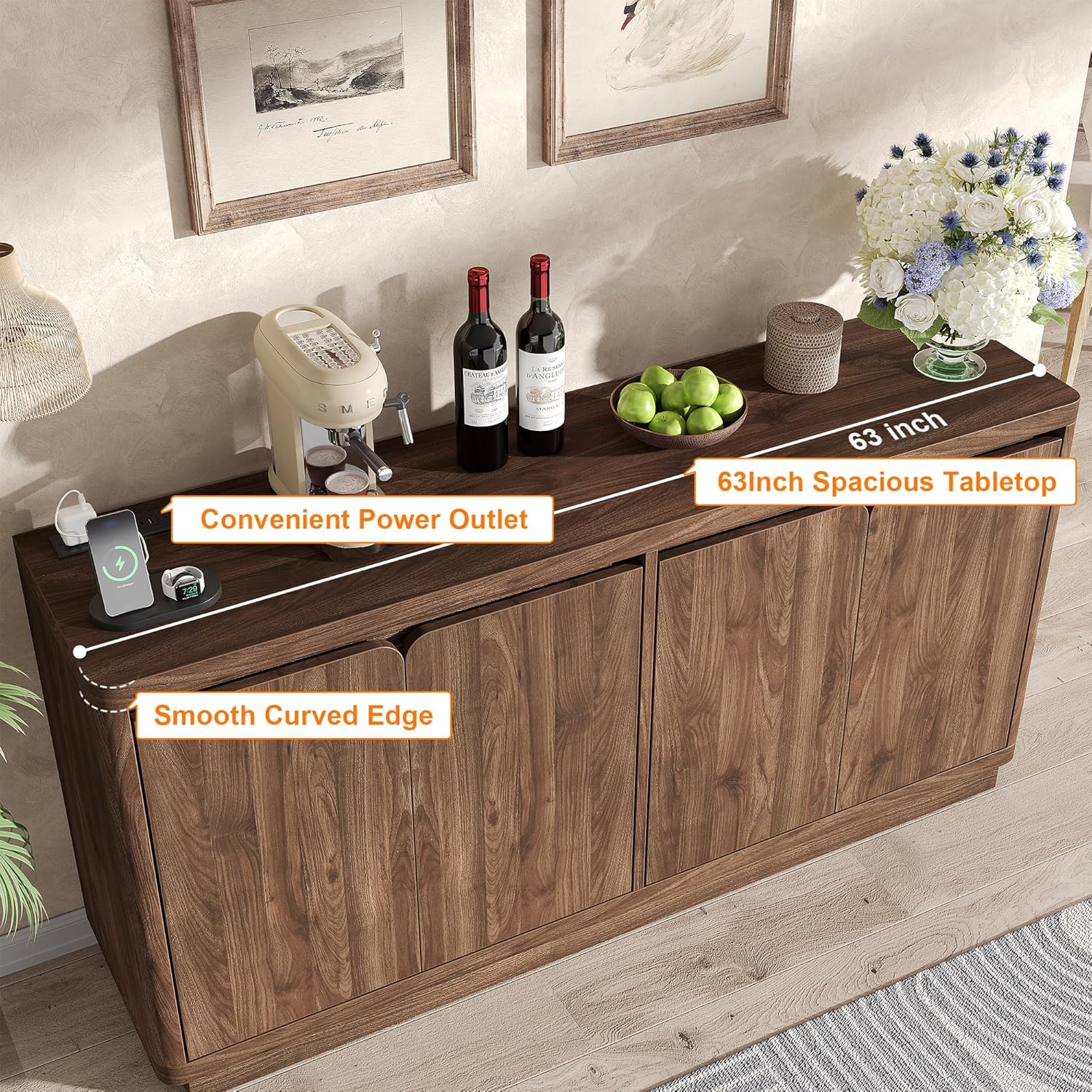 knoworld 63" Buffet Cabinet with Storage & Power Outlet, Fluted Sideboard Credenza with Double-Arc Doors, Mid-Century Modern Coffee Bar Cabinet Console Table for Dining Room, Living Room, Walnut