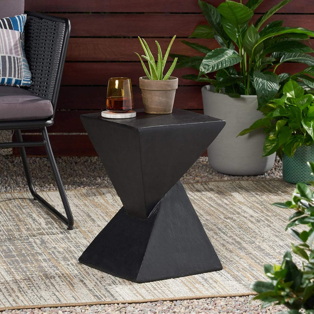 Merax Modern Concrete Side Table with Hourglass Design - Hand-Painted Wood Finish Accenttable for Indoor/Outdoor, Black