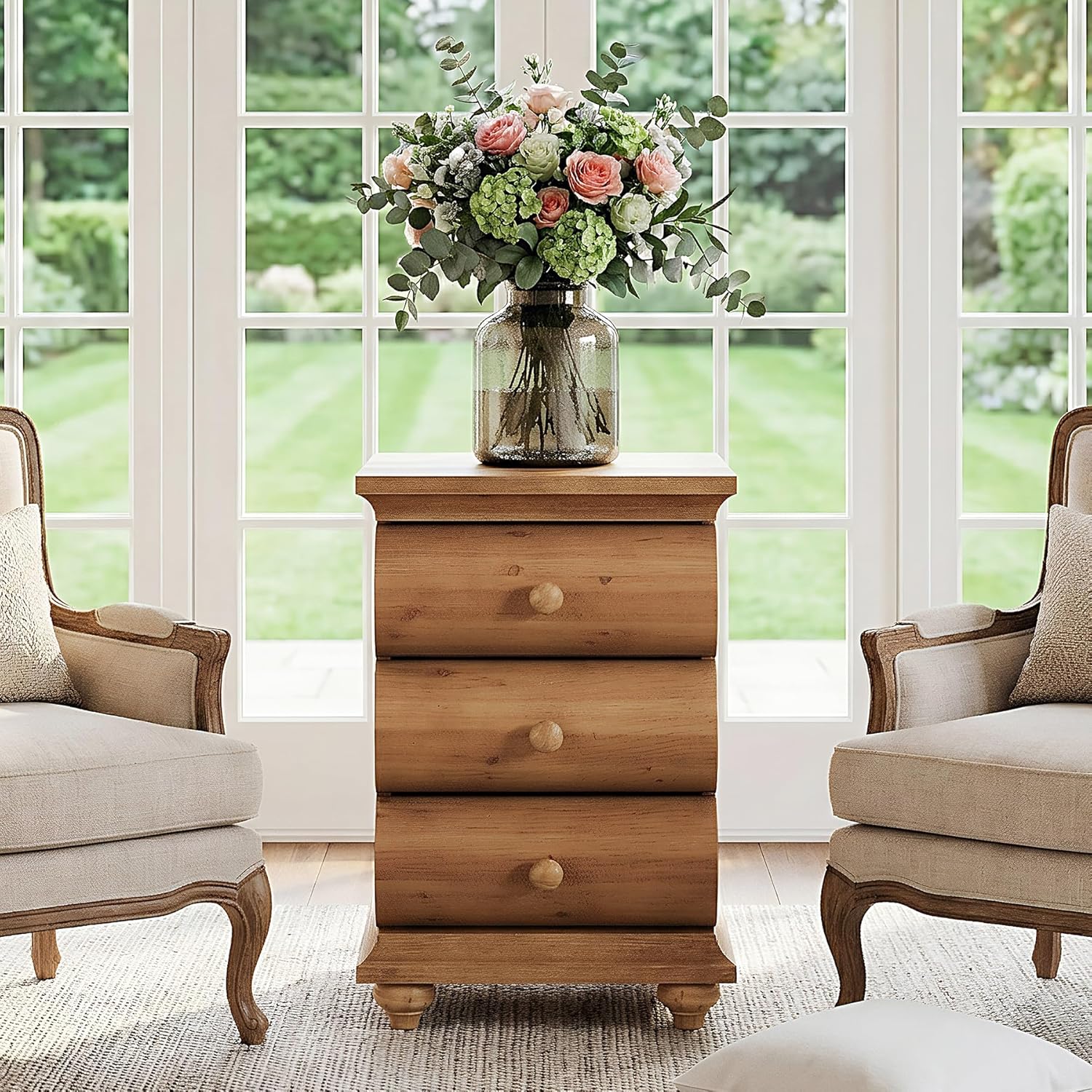 Solid Wood End Table, 3 Drawers Narrow Sofa Side Table with Finished Back, Rustic Slim Nightstand Bedside Table for Bedroom, Living Room, Small Space