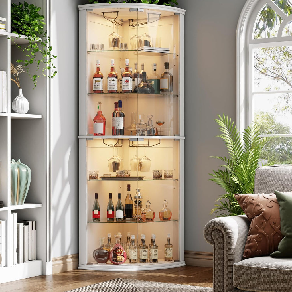 Loomie 70" Corner Bar Cabinet with LED Lights, 6-Tier Modern Wine Cabinet with Glass Door & Glass Holder, Tall Home Bar Liquor Cabinet with Adjustable Shelves for Dining Room, Living Room (White)