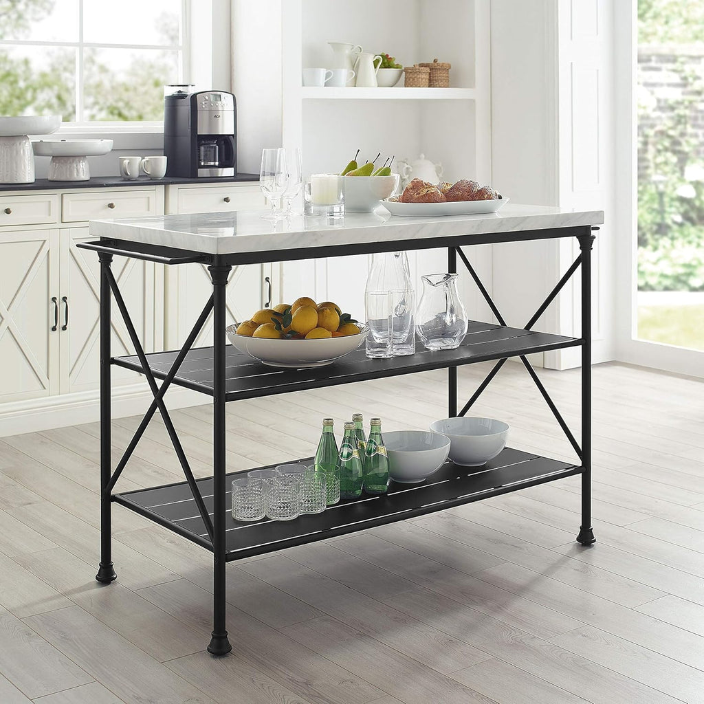 Crosley Furniture Madeleine Kitchen Island with Shelves for Storage, Microwave Stand, Coffee Bar, Steel with Faux Marble Top