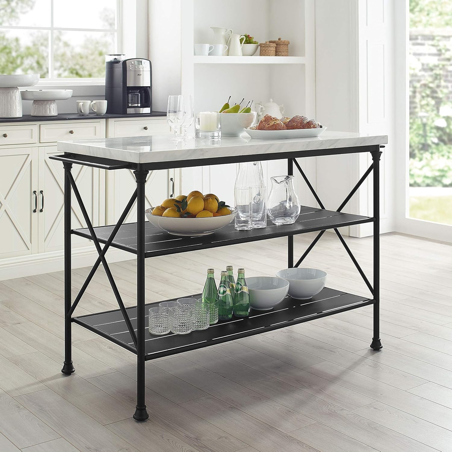 Crosley Furniture Madeleine Kitchen Island with Shelves for Storage, Microwave Stand, Coffee Bar, Steel with Faux Marble Top