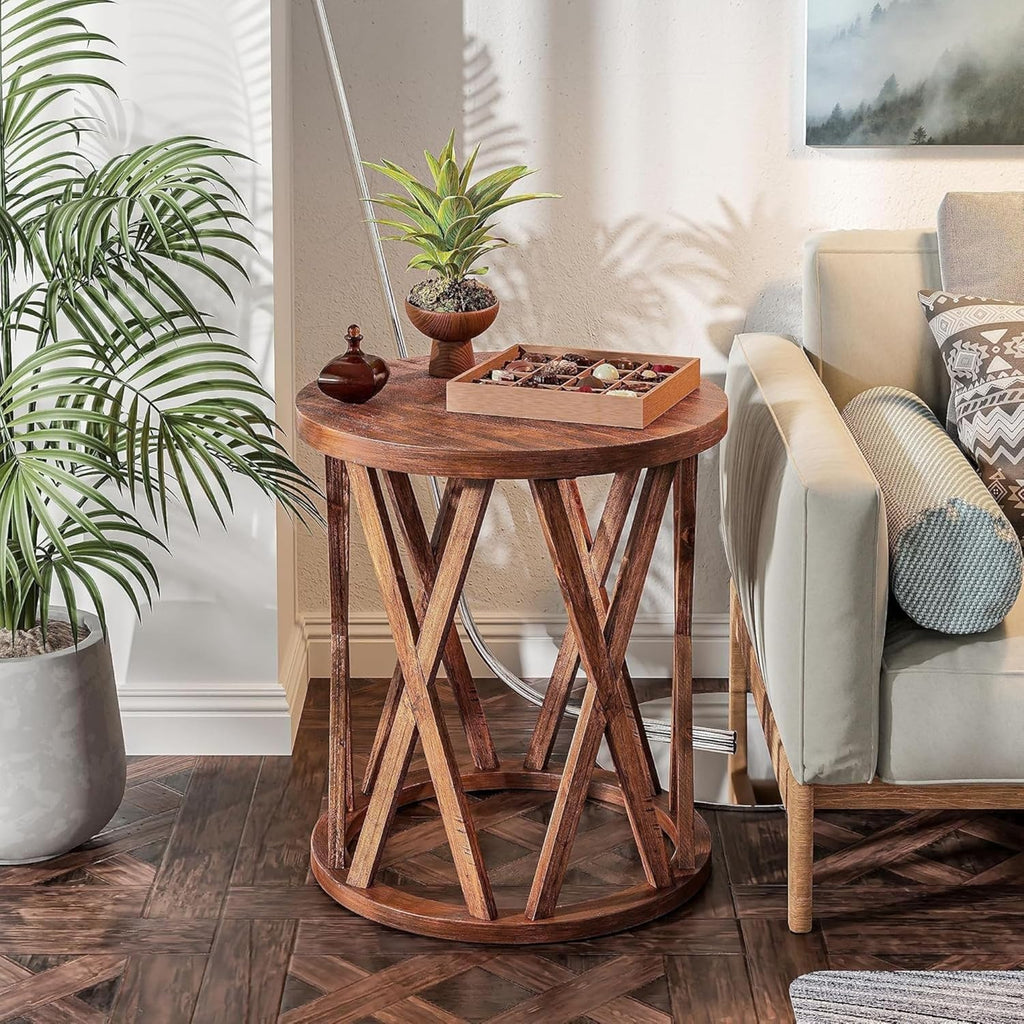 COZAYH Set of 2 - Farmhouse End Table, Rustic Round Side Table with X-Motifs Legs, Wood Textured Top, for Boho, French Country Decor, Brown