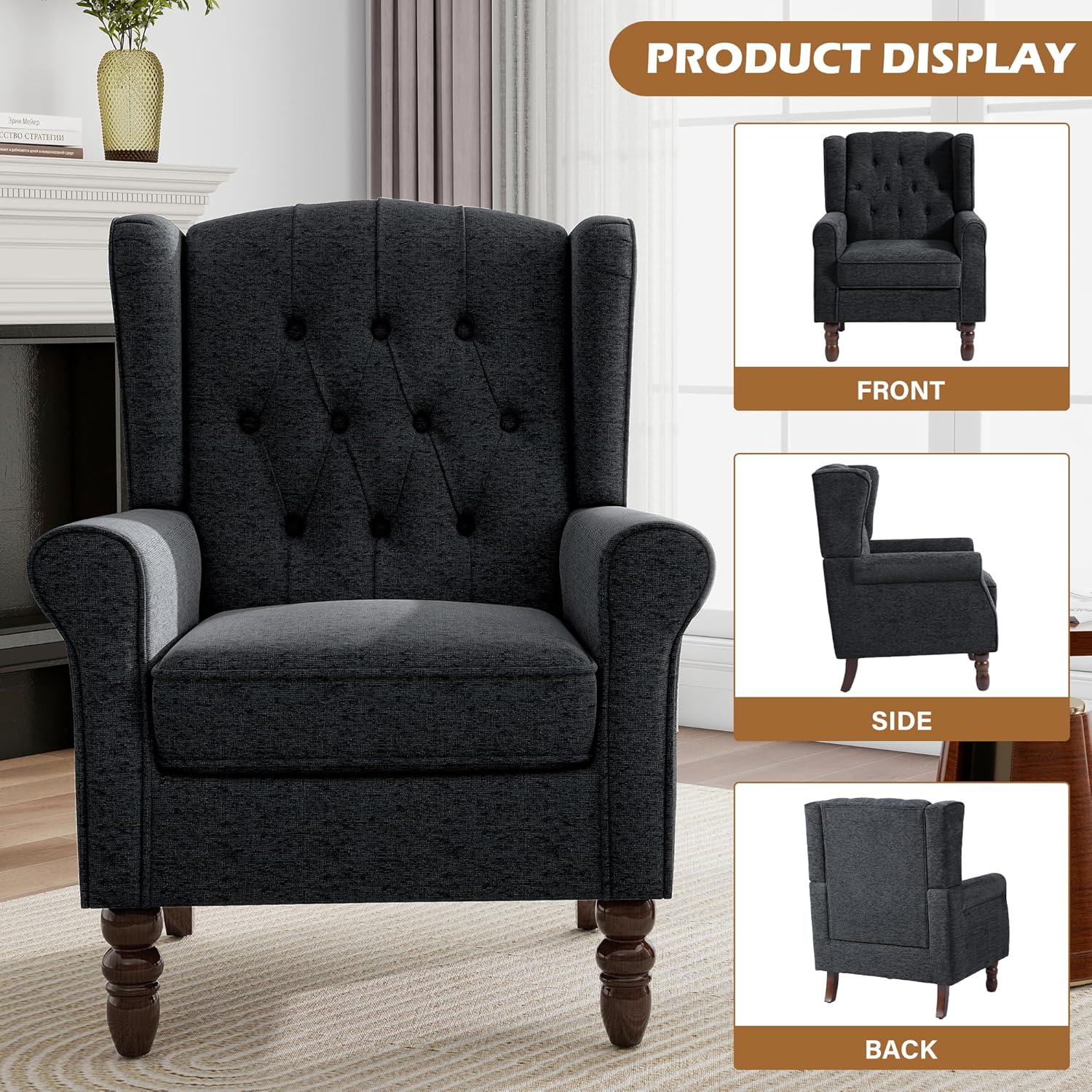 Mid-Century Modern Wingback Chair - Plush Upholstered Accent Armchair with Solid Oak Legs, Ergonomic High Back Lounge Chair for Living Room, Bedroom Office - Retro Reading Chair Bluish Black
