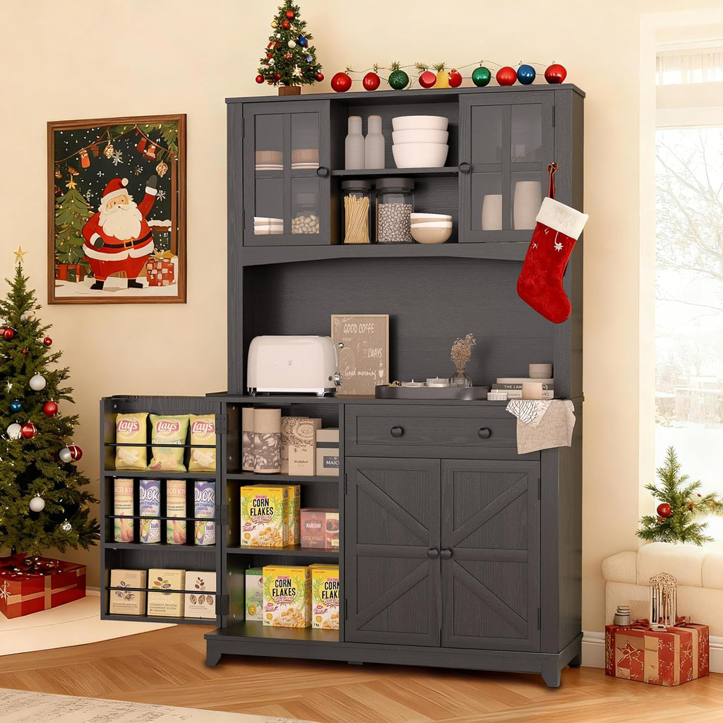 68" Pantry Cabinet with Charging Station, Kitchen Pantry Storage Cabinet with Microwave Stand, Kitchen Hutch Cabinet with Storage Drawers, Food Pantry Cabinets with Countertop for Dining Room(Black)