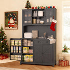 68" Pantry Cabinet with Charging Station, Kitchen Pantry Storage Cabinet with Microwave Stand, Kitchen Hutch Cabinet with Storage Drawers, Food Pantry Cabinets with Countertop for Dining Room(Black)