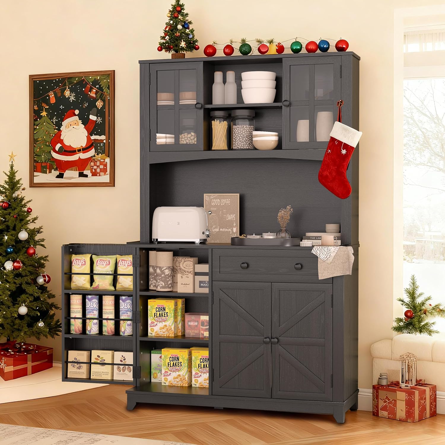 68" Pantry Cabinet with Charging Station, Kitchen Pantry Storage Cabinet with Microwave Stand, Kitchen Hutch Cabinet with Storage Drawers, Food Pantry Cabinets with Countertop for Dining Room(Black)