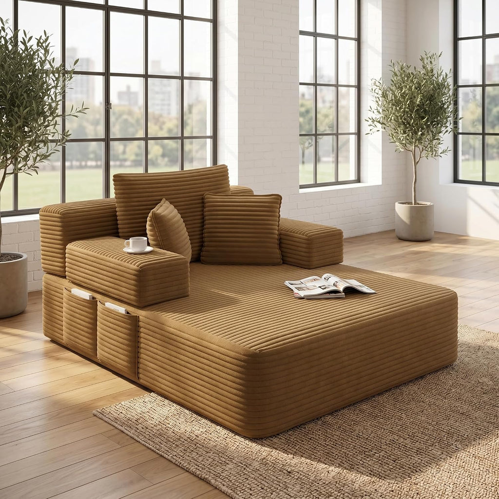 61 inch Boneless Chaise Lounge Chair Indoor, Oversized Corduroy Lounge, Deep Seat Sofa Bed for Living Room, Comfy Reading Nook Chair for Small Spaces, No Assembly Required, Camel