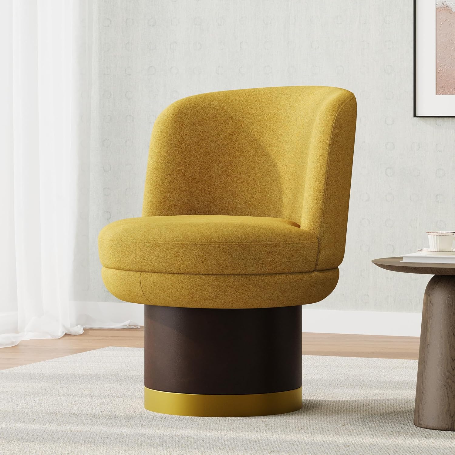 Swivel Accent Chair with 360° Rotation, Round Barrel Chair Upholstered in Soft Chenille Fabric, Ergonomic Comfy Barrel Chair for Living Room, Bedroom, Small Apartment (Yellow)