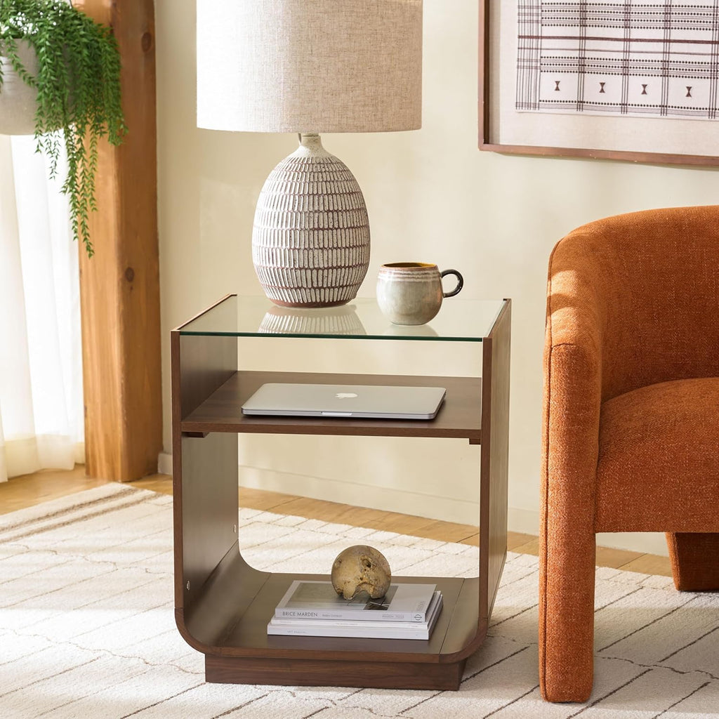 SAFAVIEH Furniture - Acres Accent Table - Walnut Wood & Glass Top - 2 Shelves - Ideal for Living Room, Bedroom, 20" W x 18" D x 23" H (ACC2329C)