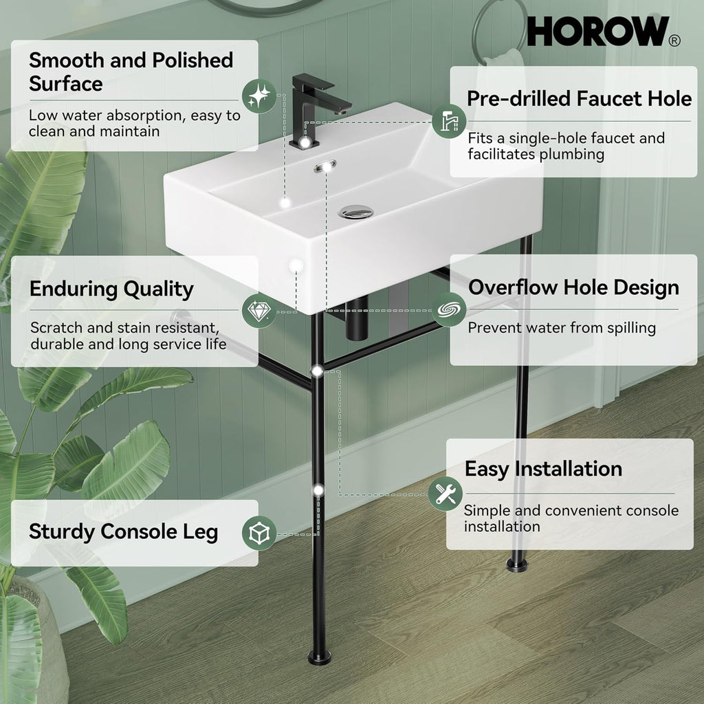 HOROW 24" x 17" Console Bathroom Sink with Stainless Steel Support Pedestal Legs, Free Standing Vanity Basin, Wall-Mount Modern Rectangular Ceramic Sink Porcelain, Matte Black