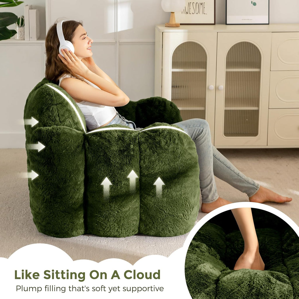 MAXYOYO Bean Bag Chair, Cloud Shaped Bean Bag Sofa for Adults, Soft Stuffed Lazy Floor Sofa with Supportive Filling, Comfy Single Couch for Living Room, Bedroom, Apartment, Green