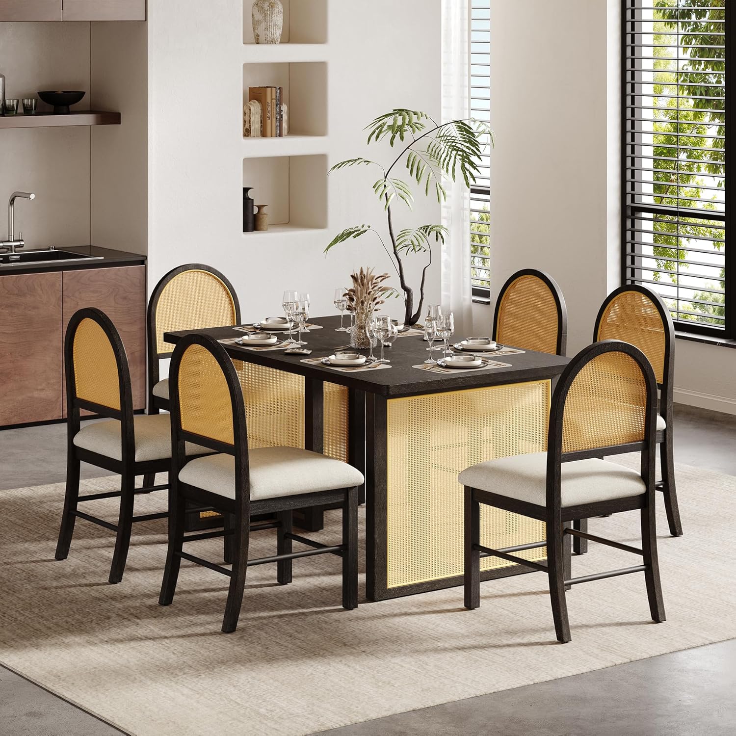 LUMISOL 7-Piece Dining Table Set with 6 Chairs, Rectangular Kitchen Table Set with 6 Rattan Chairs for Kitchen, Dining Room, Espresso+Beige