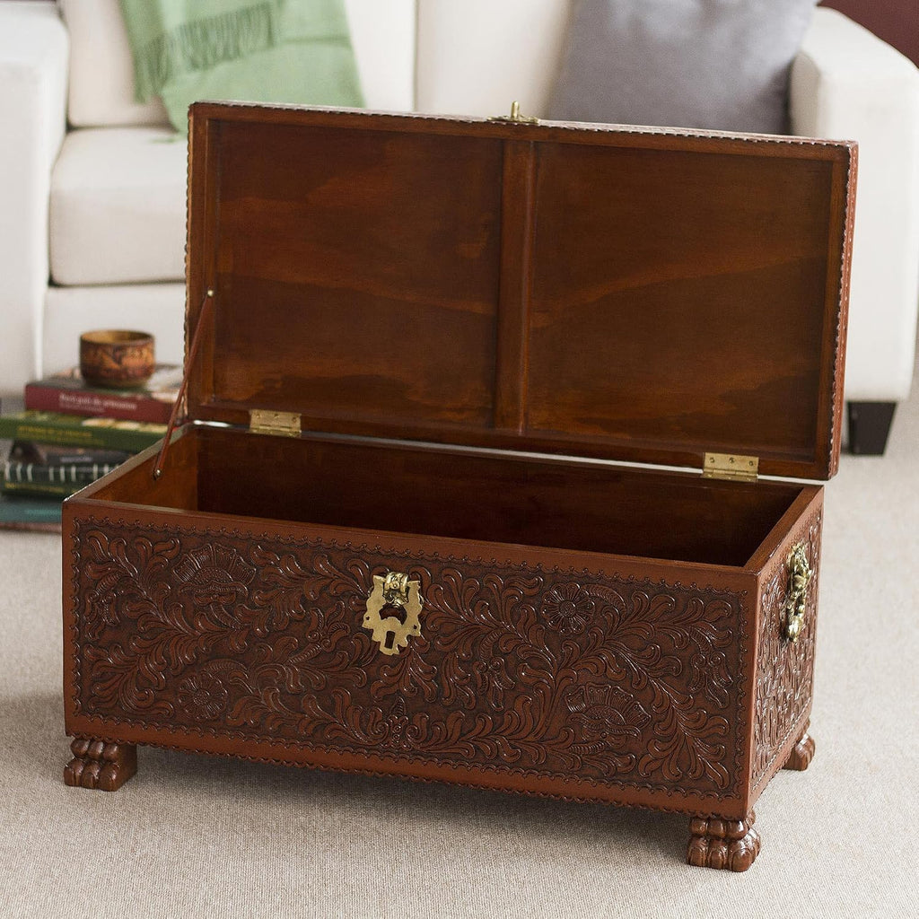 NOVICA Artisan Handmade Cedar and Leather Chest Brown Woodleather Peru Furniture Trunks Colonial 'Colonial Days'
