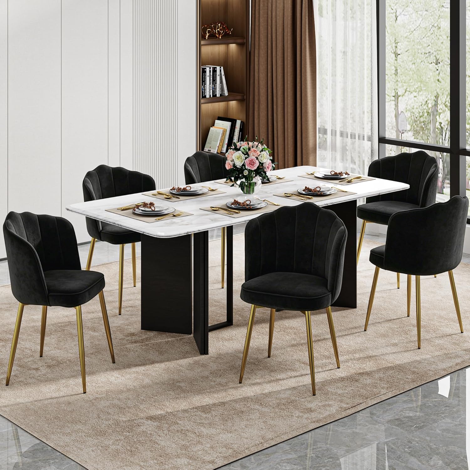 VECELO Velvet Dining Chairs Set of 4, Modern Upholstered Kitchen Chairs with Thick Cushions, Curved Padded Backrest and Metal Legs, for Kitchen, Dining Room, Living Room, Black