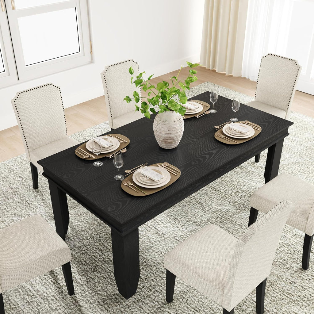 GarveeHome 7-Piece Farmhouse Dining Table Set for 6, Rectangular Wood Kitchen Table and 6 Upholstered Chairs with Padded Seats, Modern Kitchen Table with Chairs for Dining Room